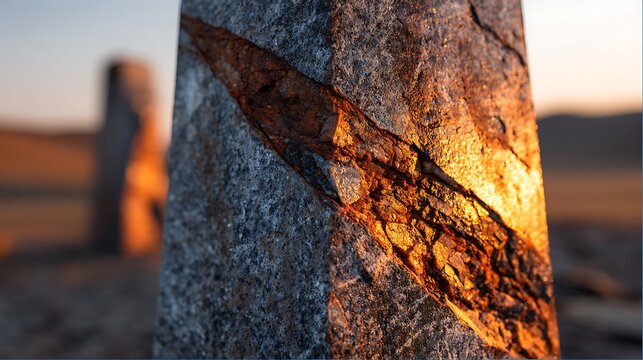 Textured stone monolith illuminated by golden hour light showcasing natural cracks and rugged surface ideal for background