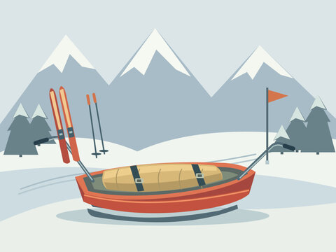Mountain rescue sled and ski equipment beside an alpine trail