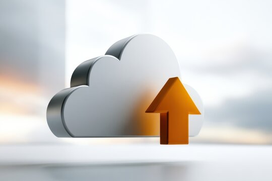 Metallic cloud icon with an upward arrow representing data upload to cloud storage and digital information transfer technology concept in soft background