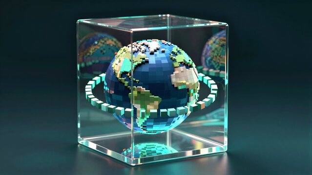 Pixelated Earth globe encased in transparent cube with glowing ring.