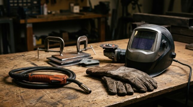 Welding training tools on a workbench with MIG torch, leather gloves, auto-darkening helmet, steel coupons, grinder, and clamps.