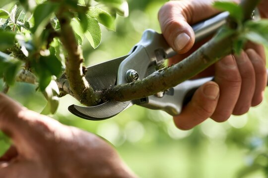 Gardening hands using pruning shears to carefully trim a branch from a green leafy tree in a sunlit garden setting