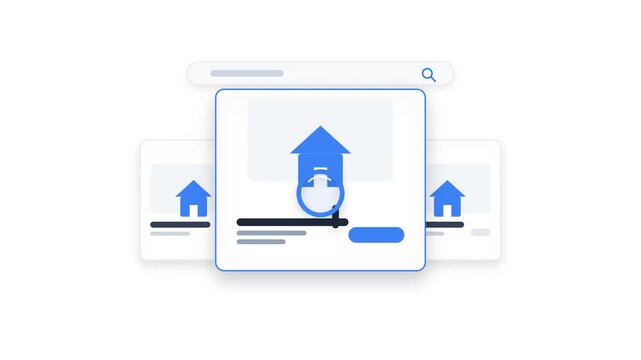 Digital interface showing a house icon with an upload arrow and a cursor interacting with a progress bar, suggesting online property management or listing.