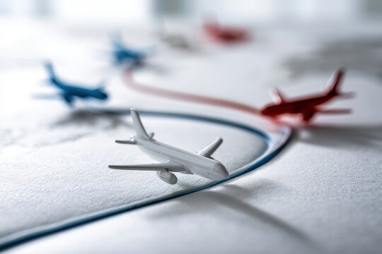 White model airplane navigating curved blue and red lines with blurred model planes in the background on a textured surface representing flight routes and trave