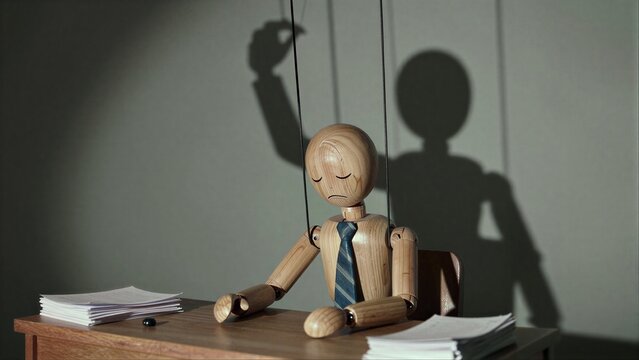 Wooden puppet in tie sits at desk, hand controls strings from above.