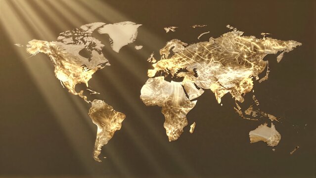 Golden world map glows under radiant light beams against a dark background.
