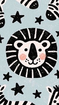 Cute playful cartoon lion faces and bold stars pattern on soft blue background perfect for children?s design and nursery decor textile print