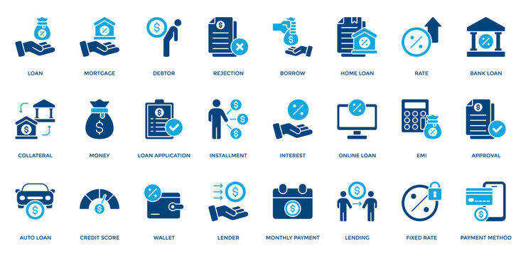 Loan Icon Set. Containing Mortgage, Debtor, Borrow, Collateral, Money, Loan Application, Installment, Interest, Auto Loan Icon. Simple Dual Tone Vector 