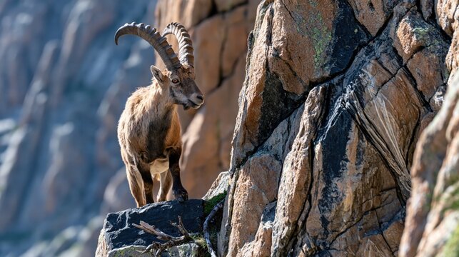 Mountain ibex standing confidently on rugged cliff rocks in natural alpine habitat showcasing wild animal strength and agility in harsh environment