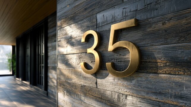 Modern building entrance featuring large golden metal house numbers mounted on textured dark wooden siding under natural sunlight and shadows