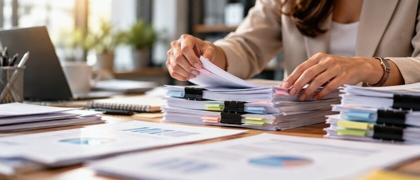 employee organizing stacks of business documents with sticky tabs and binder clips on office desk