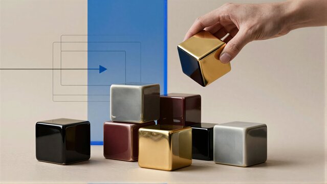 Hand selects golden cube from colorful, reflective set.