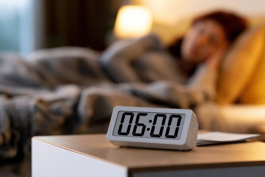 Digital alarm clock showing six o'clock on bedside table with person resting in bed under warm lighting in cozy bedroom setting