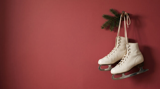 Leather ice skates hang with evergreen branch against a red backdrop