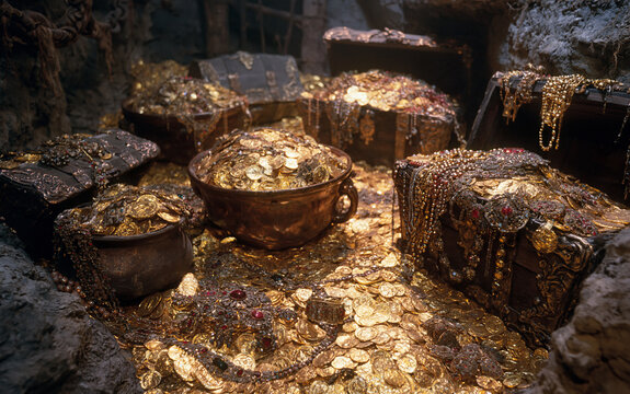 Secret treasure vault with overflowing gold coins and shiny jewelry in underground chamber