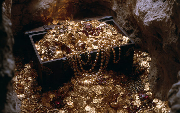 Secret treasure vault with overflowing gold coins and shiny jewelry in underground chamber