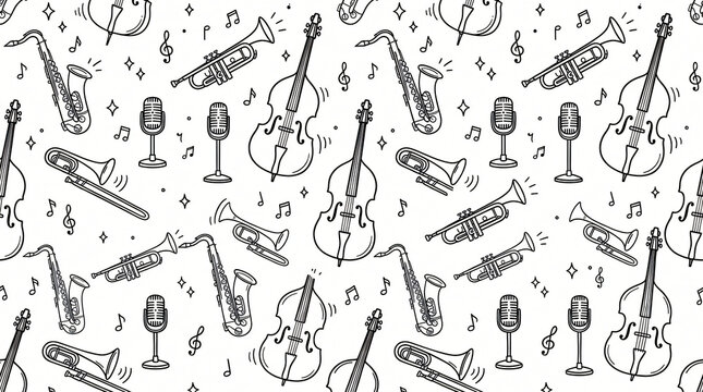  Seamless pattern of hand drawn jazz and blues musical instruments with saxophones trumpets upright basses trombones and vintage microphones in minimal line art style on white background