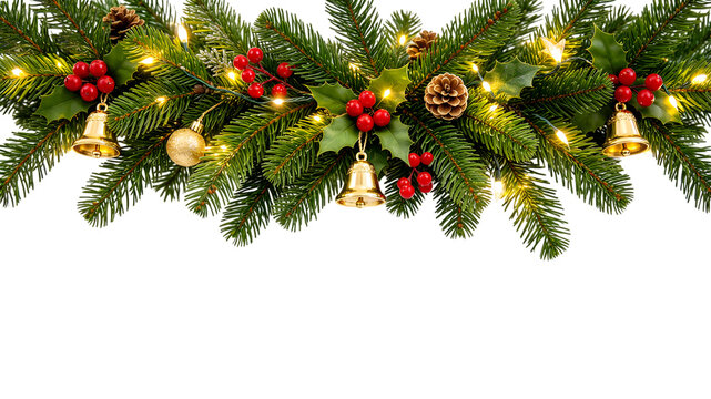Christmas garland with fir branches holly berries pine cones bells and lights