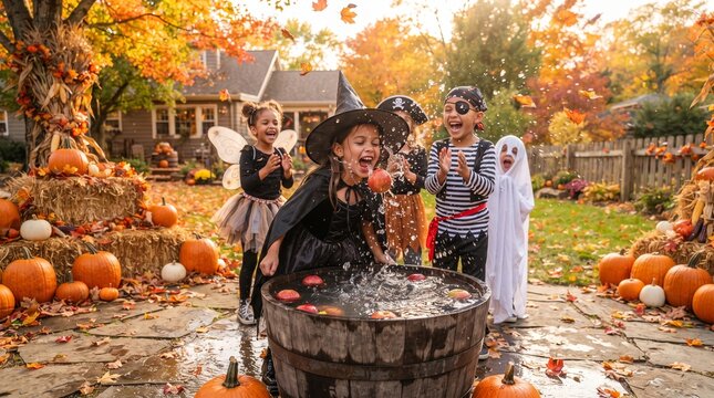 庭でハロウィンのアップルボビングを楽しむ仮装した子どもたち