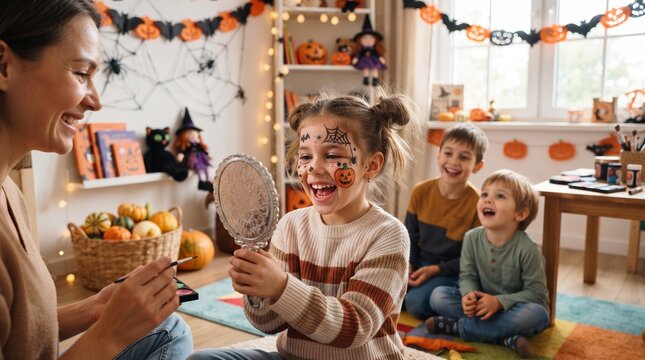 ハロウィンのフェイスペイントを鏡で見て喜ぶ女の子