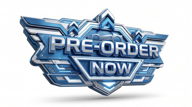 Futuristic 3D Pre-Order Now Product Launch Badge in Metallic Blue and Silver