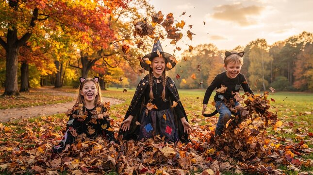 紅葉した公園で落ち葉を舞い上げて遊ぶ仮装した子どもたち