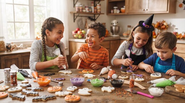 キッチンでハロウィンのクッキーをデコレーションする笑顔の子どもたち