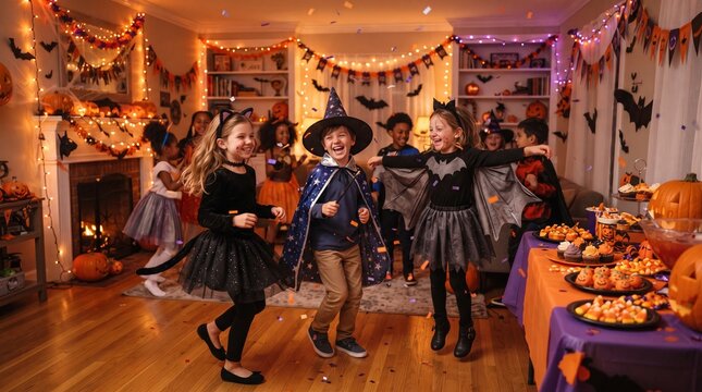 ハロウィンパーティーで仮装して楽しく踊る子どもたち
