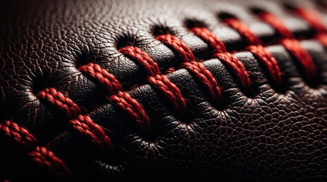 Close up of red stitching on dark leather baseball. Macro view shows intricate thread pattern, textured surface of sports equipment. High contrast detail highlights craftsmanship, quality of pro