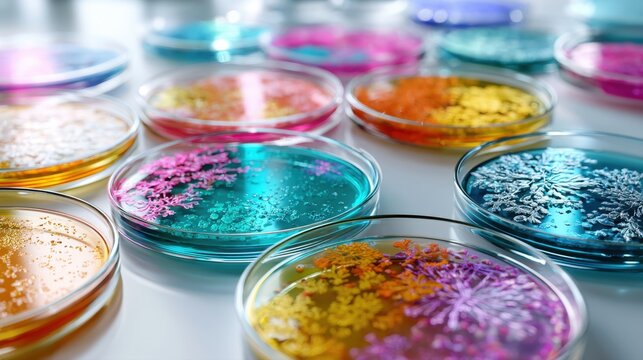 Colorful petri dishes with various vibrant bacterial cultures and microbial growth patterns under laboratory lighting on a white surface