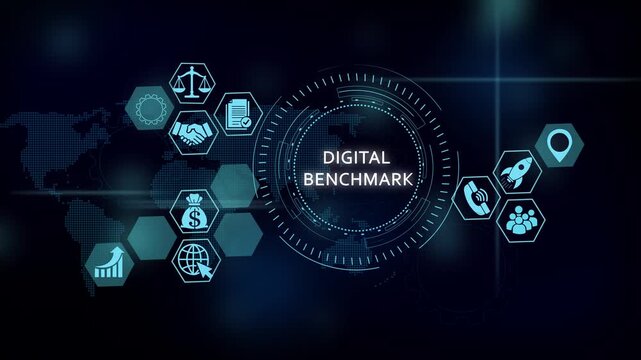 Digital benchmark hud interface with global business icons and data analytics motion business analytics