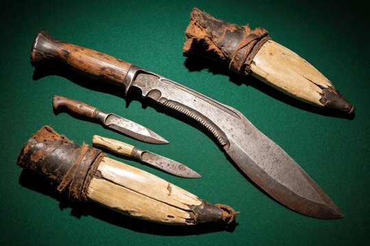 Ancient curved kukri knife with wooden handle, metal blade on green background. Set includes traditional nepali weapons, small daggers, old bone scabbards. Antique steel tools for hunting combat with