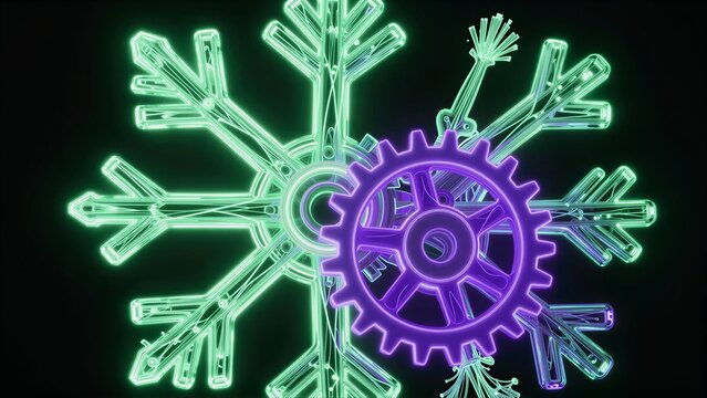Glowing green snowflake with purple gear at center, futuristic winter design.
