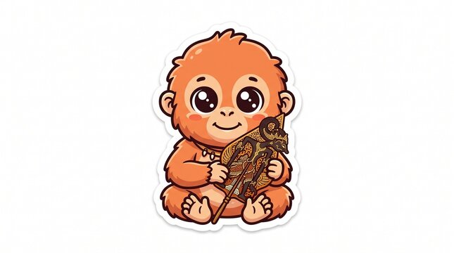 Cute baby orangutan holding traditional Indonesian wayang kulit shadow puppet, kawaii cartoon sticker illustration with white die-cut border