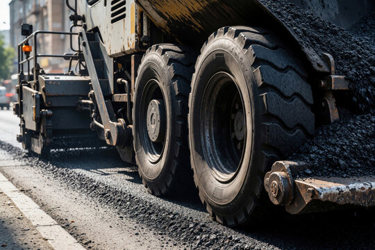 Heavy asphalt paver machine lays fresh black tarmac on urban city street. Large industrial construction wheels roll over hot road surface during repair work. Construction equipment builds new highway