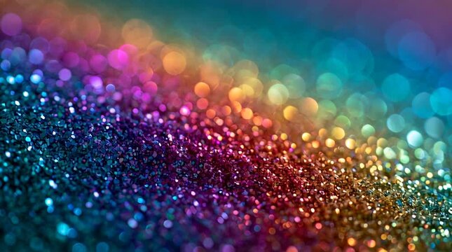 Abstract macro texture of multicolored glitter particles with turquoise, purple, pink, orange and gold tones, creating a sparkling surface with circular bokeh highlights