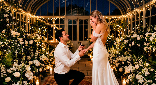 Man kneeling and proposing with ring to woman in white dress in greenhouse decorated with white flowers and string lights, romantic engagement evening