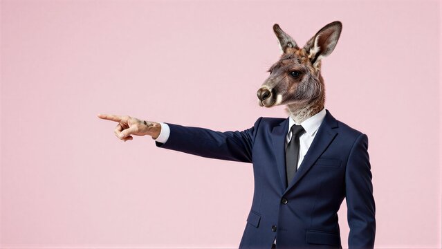 Kangaroo in suit points confidently against pink background, blending business with whimsy.