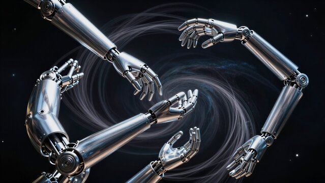 Metallic robot arms reach toward a swirling cosmic vortex in deep space.