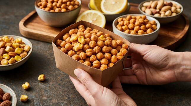 Hands hold brown paper box filled with roasted chickpeas, corn snacks. Person serves crunchy veggie bites on wooden tray. Various bowls of nuts, fresh lemon slices sit on table. Healthy vegan snacks