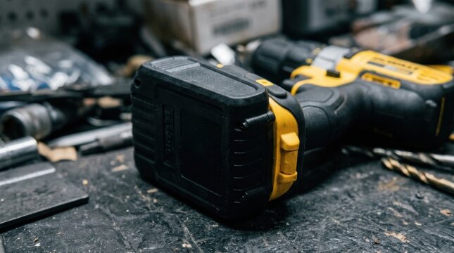Lithium ion battery pack slotted into a cordless drill handle showing charging contacts, a power tool technology closeup