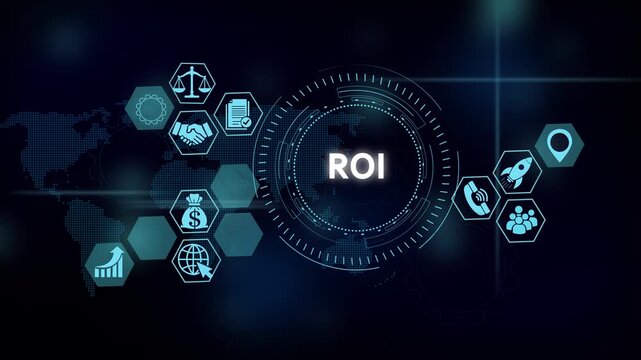 Roi business growth hud interface: digital marketing strategy and global financial analytics animation