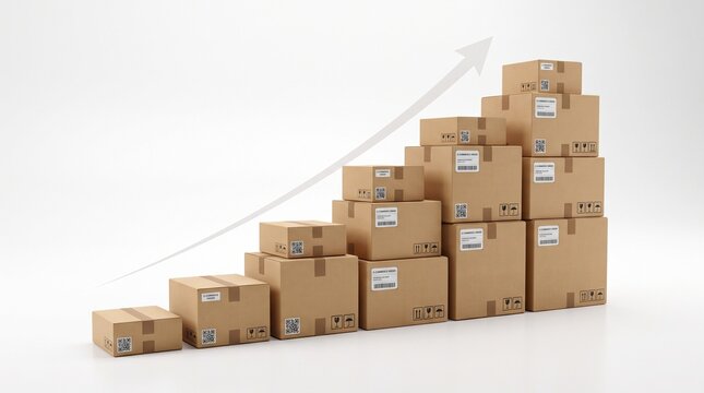 E Commerce Growth Concept - Boxes stacked on top of each other with an arrow going up