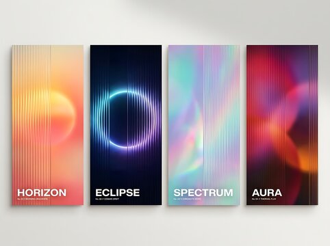 Set of four modern vertical abstract banners with vibrant holographic gradients glowing circles and linear textures