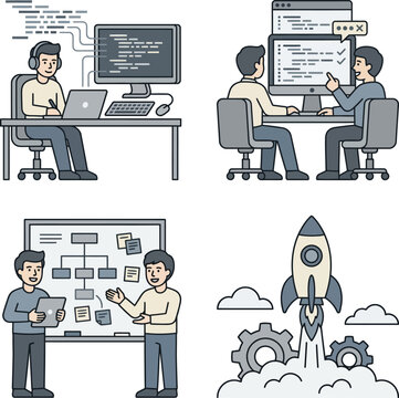 Software development team collaboration and project launch.