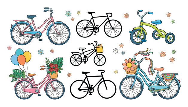 Bicycle and tricycle vector illustration set featuring colorful vintage retro city bikes with flowers balloons and basket elements