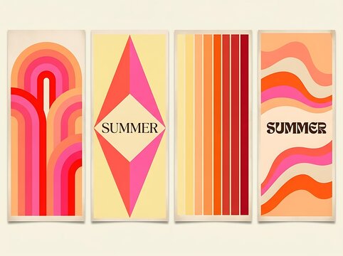 Set of four retro summer posters featuring geometric shapes and wavy patterns in warm vibrant colors