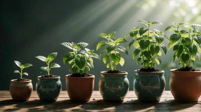 Six green plants in clay pots show stages of life cycle growth. Small sprout grows into large leafy herb in sunlight. Potted green plants increases size from left to right on wooden table. Botany