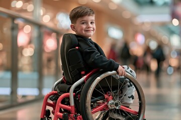 Obraz premium Smiling young boy in a modern red wheelchair enjoying a day out in a busy shopping mall filled with blurred lights and people in the background