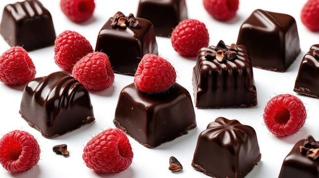 Assorted dark chocolate pralines with fresh red raspberries on white background. Gourmet cocoa candy treats with fruit pieces. Close up view of sweet confectionery dessert snacks for party luxury